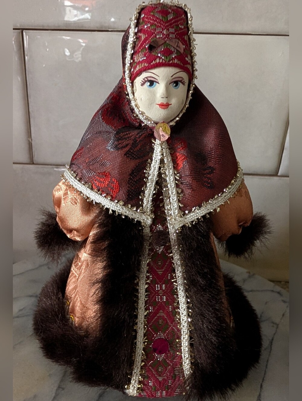 Handcrafted Russian Doll Figurine in Burgundy, Copper, and Brown